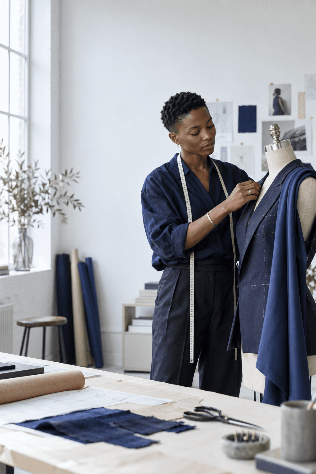 Fashion designer refining a bespoke garment on a dress form